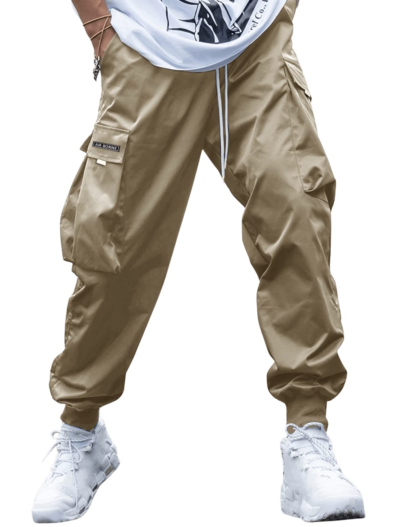 OYOANGLE Men's Casual Drawstring Elastic Waist Flap Pocket Letter Graphic Street Jogger Cargo Pants Khaki L