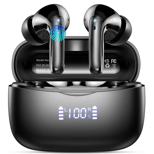 Wireless Earbuds, Bluetooth 5.3 Headphones In Ear with 4 HD microphone, 56H Playtime, HIFI Stereo In Ear Earphones, IPX7 Waterproof Bluetooth Earbuds, LED Display, USB-C, Sport/Work/Leisure/Black