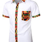 LucMatton Men's African Printed Patchwork Design Short Sleeve Button up Shirt Traditional Dashiki White X-Large