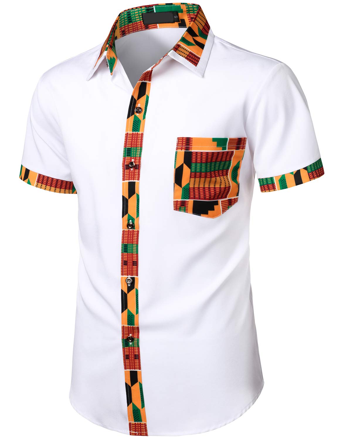 LucMatton Men's African Printed Patchwork Design Short Sleeve Button up Shirt Traditional Dashiki White X-Large