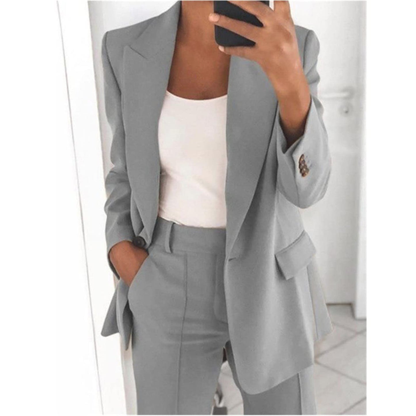 Blazer Suit Set Women Sale 2 Piece Suits for Women Button Long Sleeve Jacket Long Pants Solid Color Two Piece Outfits Lapel Outerwear Blazer and Trouser Suits Ladies Sets Plus Size Grey XXL