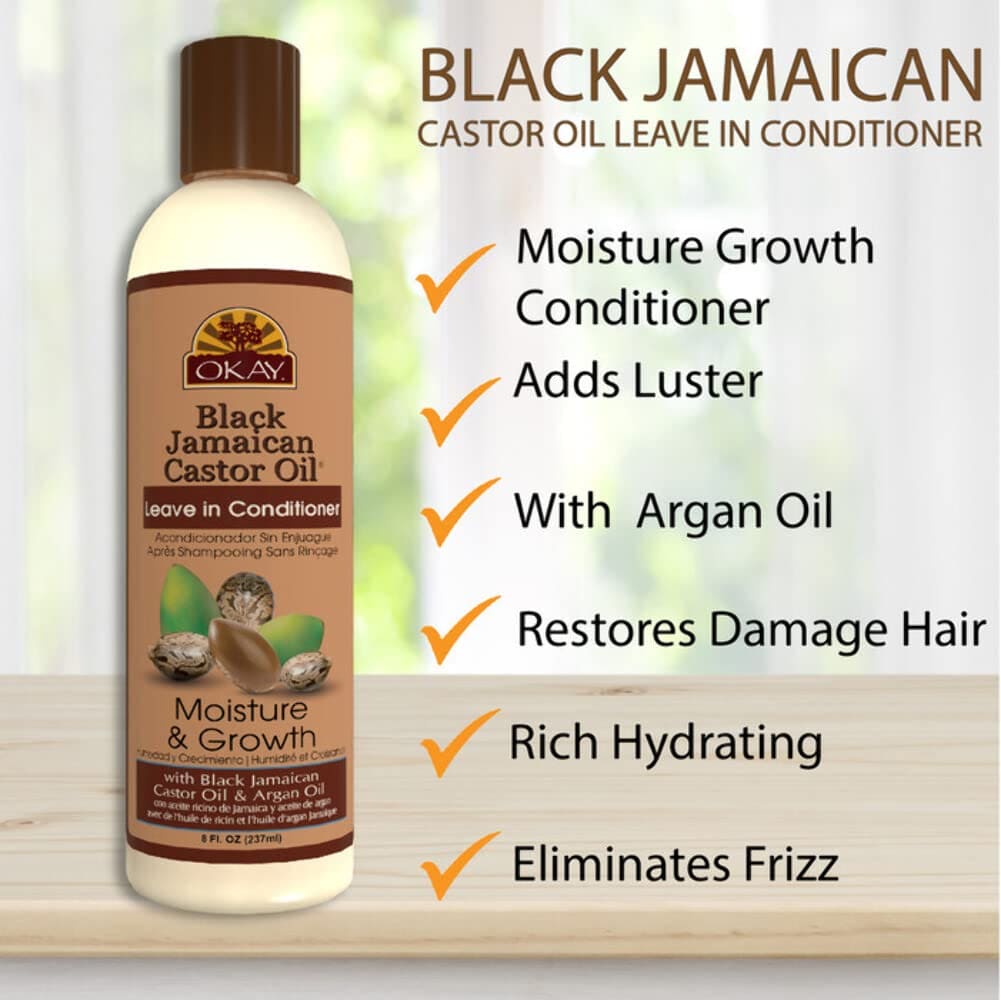 OKAY Black Jamaican Castor Oil Moisture Growth Leave In Conditioner Helps Moisturize&Regrow Strong Healthy Hair Sulfate,Silicone,Paraben Free For All Hair Types and Textures Made in USA 8oz