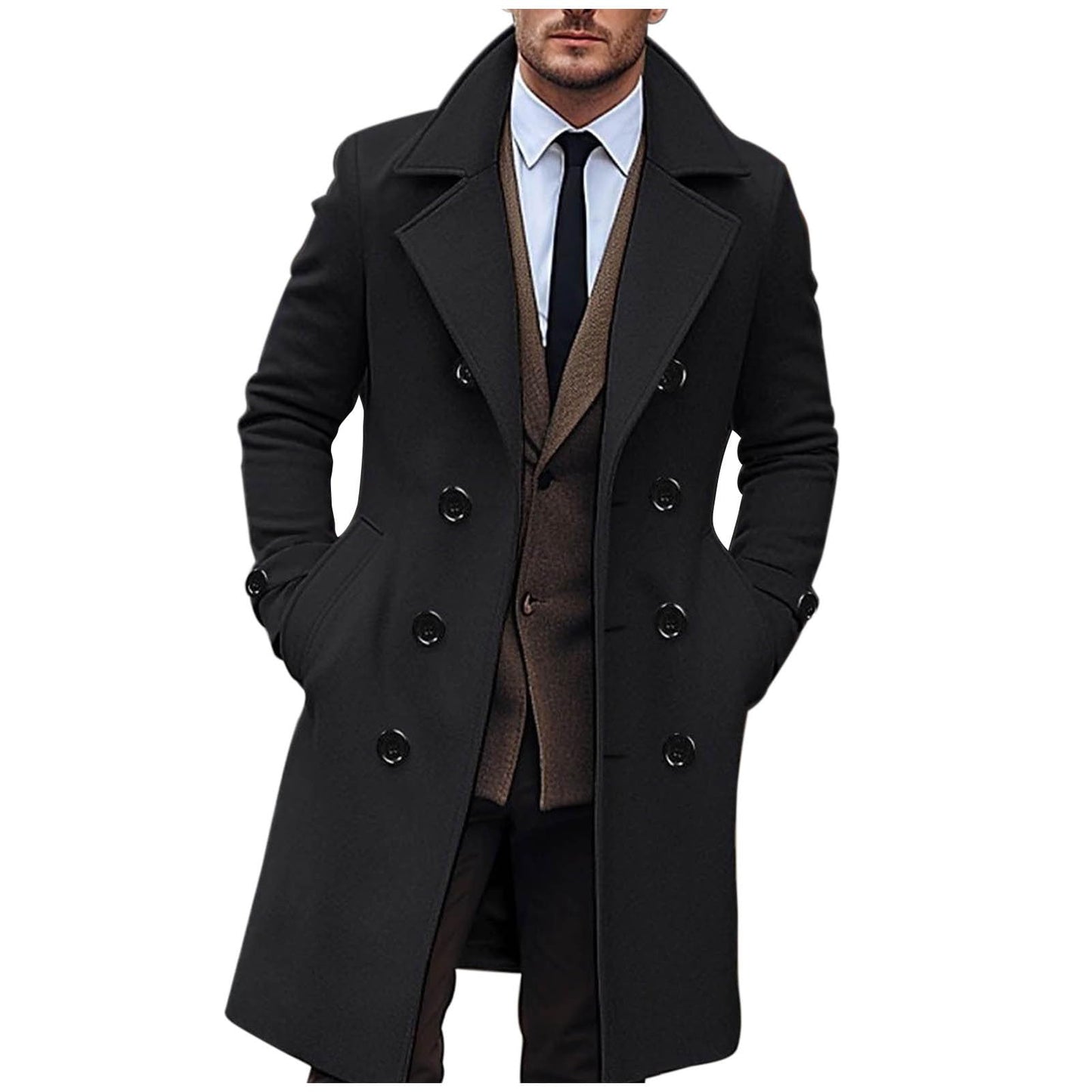 AEGJEGVD Wool Coats for Men UK Clearance,Long Trench Coat Mens Solid Turndown Long Sleeve Classic Business Coat Winter Casual Slim Fit Double Breasted Overcoat Windbreaker Warm Pea Coat S-3XL