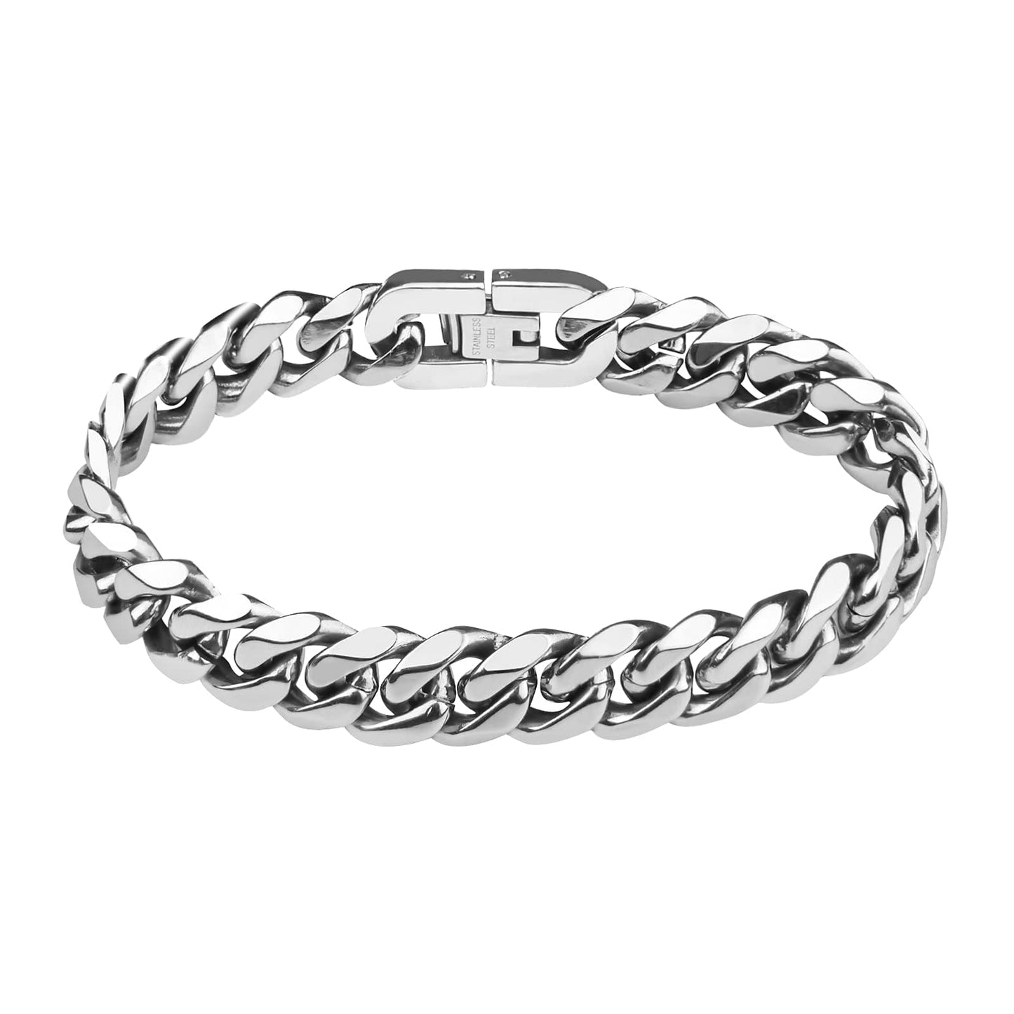 flintronic Mens Silver Bracelets，10mm Men's Strong Antique Cuban Silver Bracelet ，Fashion Retro 21cm Titanium Steel Simple Six-sided Flat Denim Bracelet