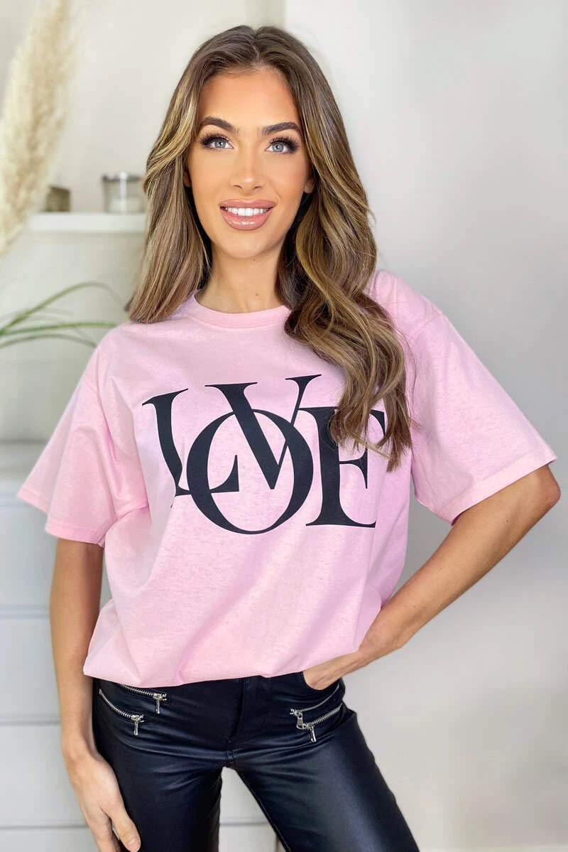 Womens Love Slogan Short Sleeve Oversized Printed Casual Summer Baggy Fashion Ladies Tshirt Tee Plus Size Top (Pink, SM (UK 8-10))