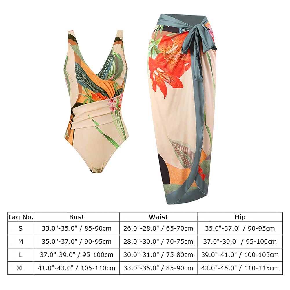 Swimming Costume Women Tummy Control Swimwear Sexy V Neck Flower Tankini + Wrap Coverups Cover Ups Swim Cover-ups & Sarongs 2 Piece Ladies Swimsuits with Skirt Beachwear Beach Wear Beige-23 L