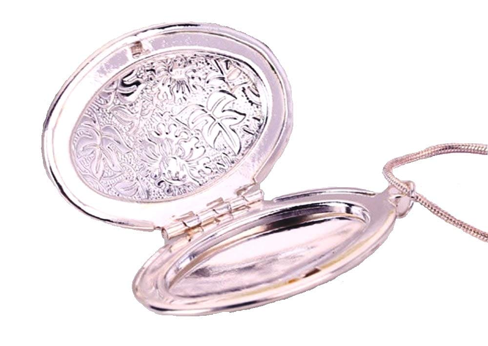 Silver Oval Locket Pictures Photo Flower Floral Engraved Pendant Snake Chain Gift Dress Necklace for Women Girls Ladies