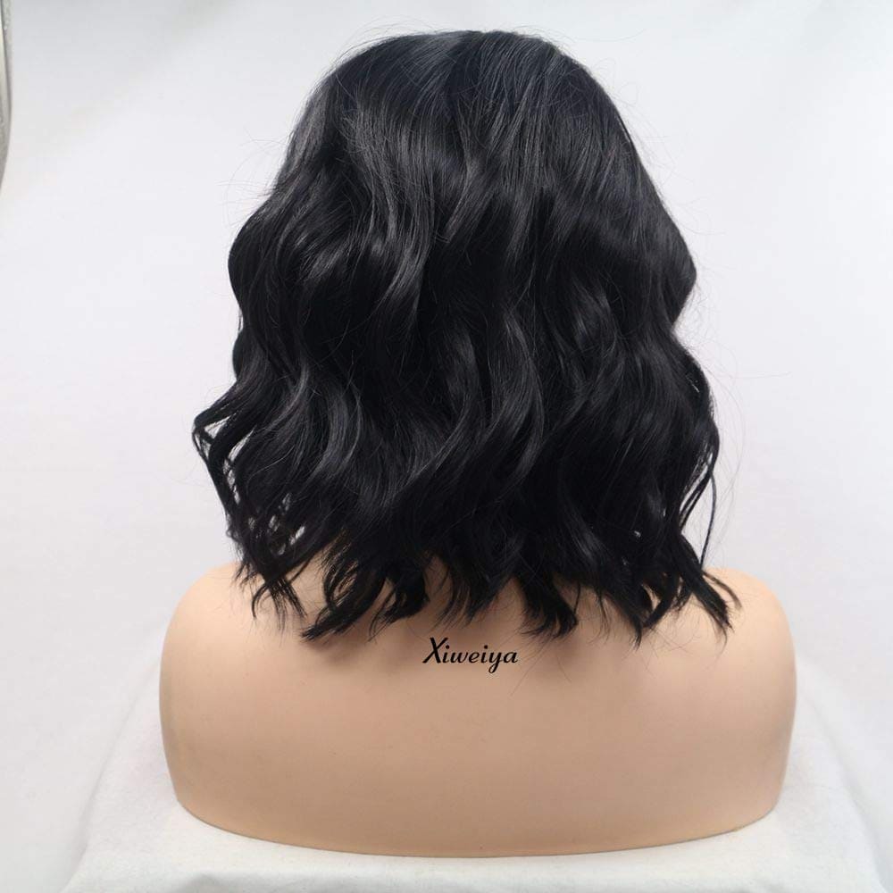 Xiweiya Wigs 1b# Black Loose Wave Bob Lace Front Wig Side Part Natural Black 13x4 Lace Front Wig Natural Hairline Heat Reistant Fiber Synthetic Full Wig Soft Wig for Women 14inch