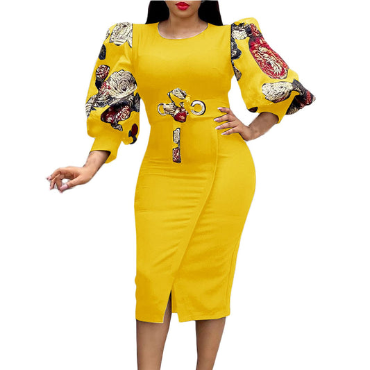 AMhomely Women Dresses Sale Elegant Ladies Fashion Casual Floral Printing Bubble Mid-Length Sleeve Plus Size Dress Plus Size Dress Party Dress Vintage Dress UK Size Yellow