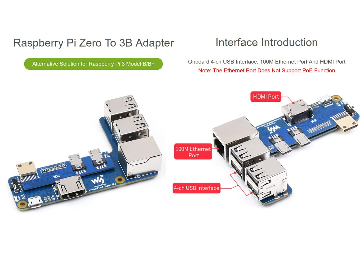 Waveshare Pi Zero to Raspberry Pi 3 Model B/B+ Adapter, Onboard 4-CH USB Interface, 100M Ethernet Port and HDMI Port, Alternative for Raspberry Pi 3B/B+, Support Pi Zero and Zero 2W