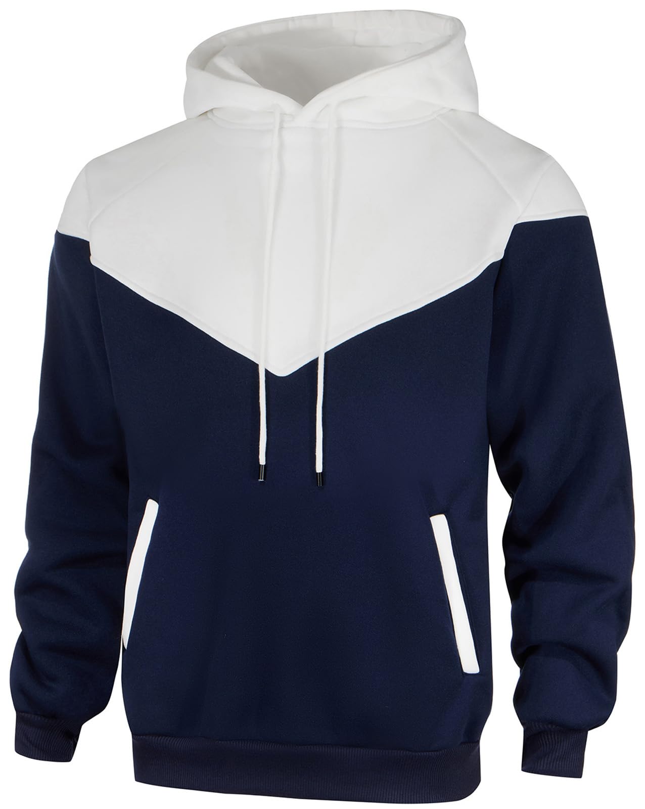 comefohome Mens Hoodies UK Pullover Color Block Sweatshirts Long Sleeve Fleece Hoody Drawstring Casual Designer Tops with Pockets White Navy L