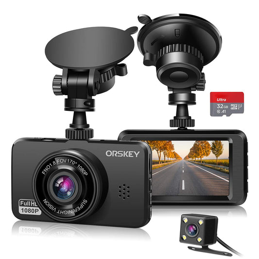 ORSKEY Dash Cam for Cars Front and Rear and SD Card Included 1080P Full HD In Car Camera Dual Lens Dashcam for Cars 170 Wide Angle Sony Sensor with Loop Recording and G-sensor