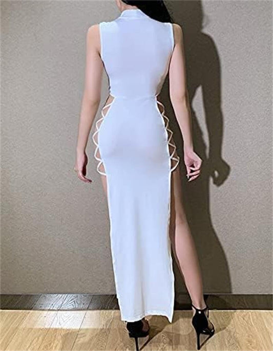 WANWEN Women's Cut Out Dress High Slit Side Lace Up, Ladies Sexy Party Dresses, Women's Solid Sleeveless Mock Neck Dress, Maxi Tank Dress, Party Club Dresses (White,L)