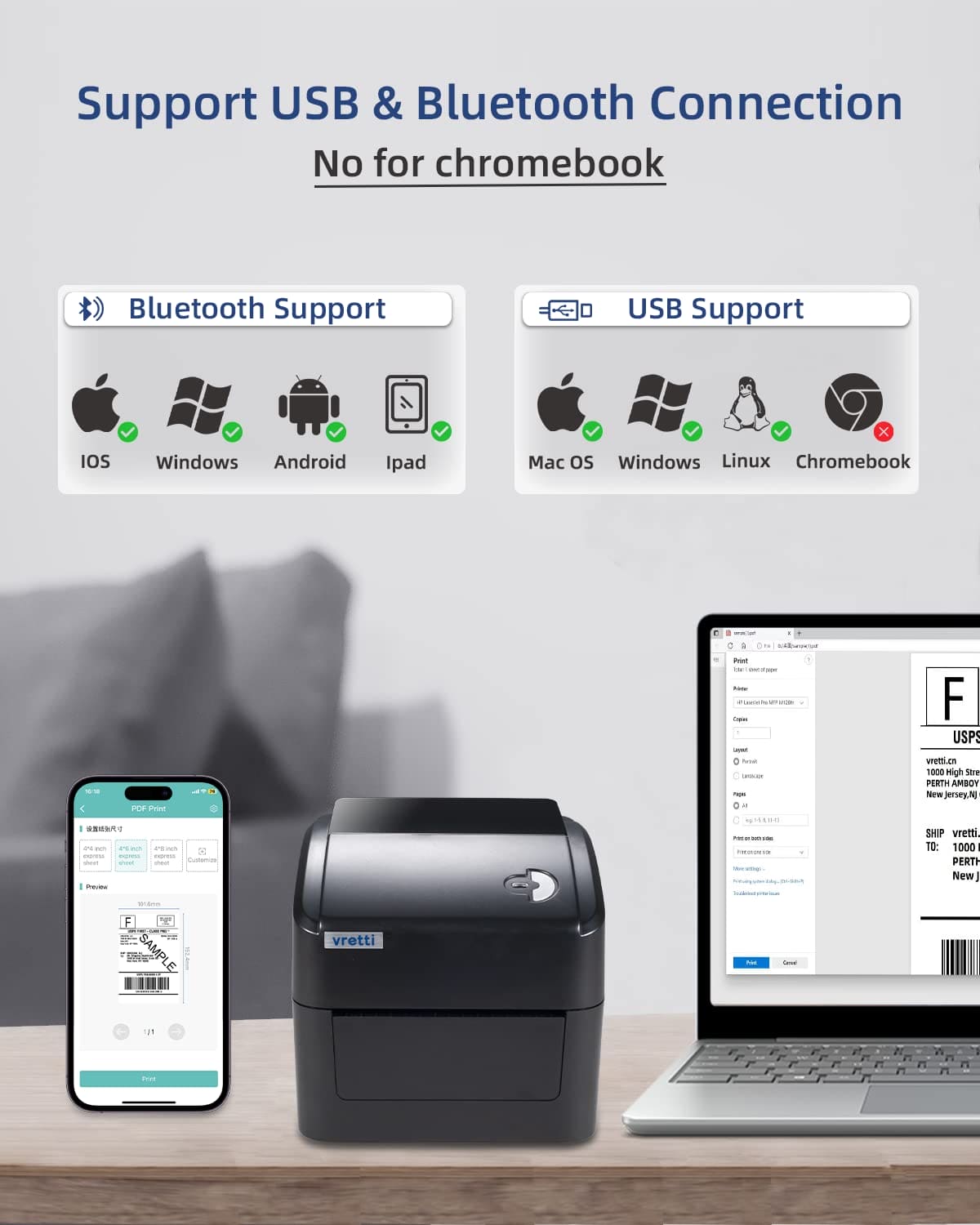 vretti Bluetooth Thermal Shipping Label Printer, Wireless 4x6 Label Printer for Shipping Packages, Thermal Printer Compatible with Ebay, Amazon, USPS, Shopify, Android, iPhone and Windows