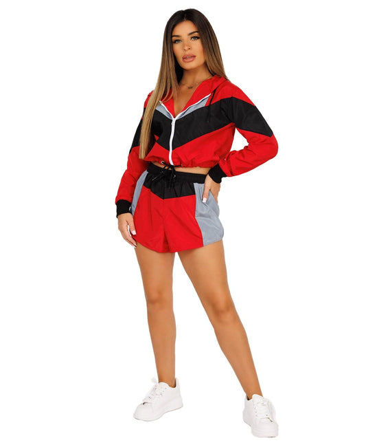 Women Ladies Festival Rave Outfit Colour Block Tie Front Cropped Jacket And Mini Drawstring Pocket Shorts Co Ord 2 Pc Set Red Size M/10