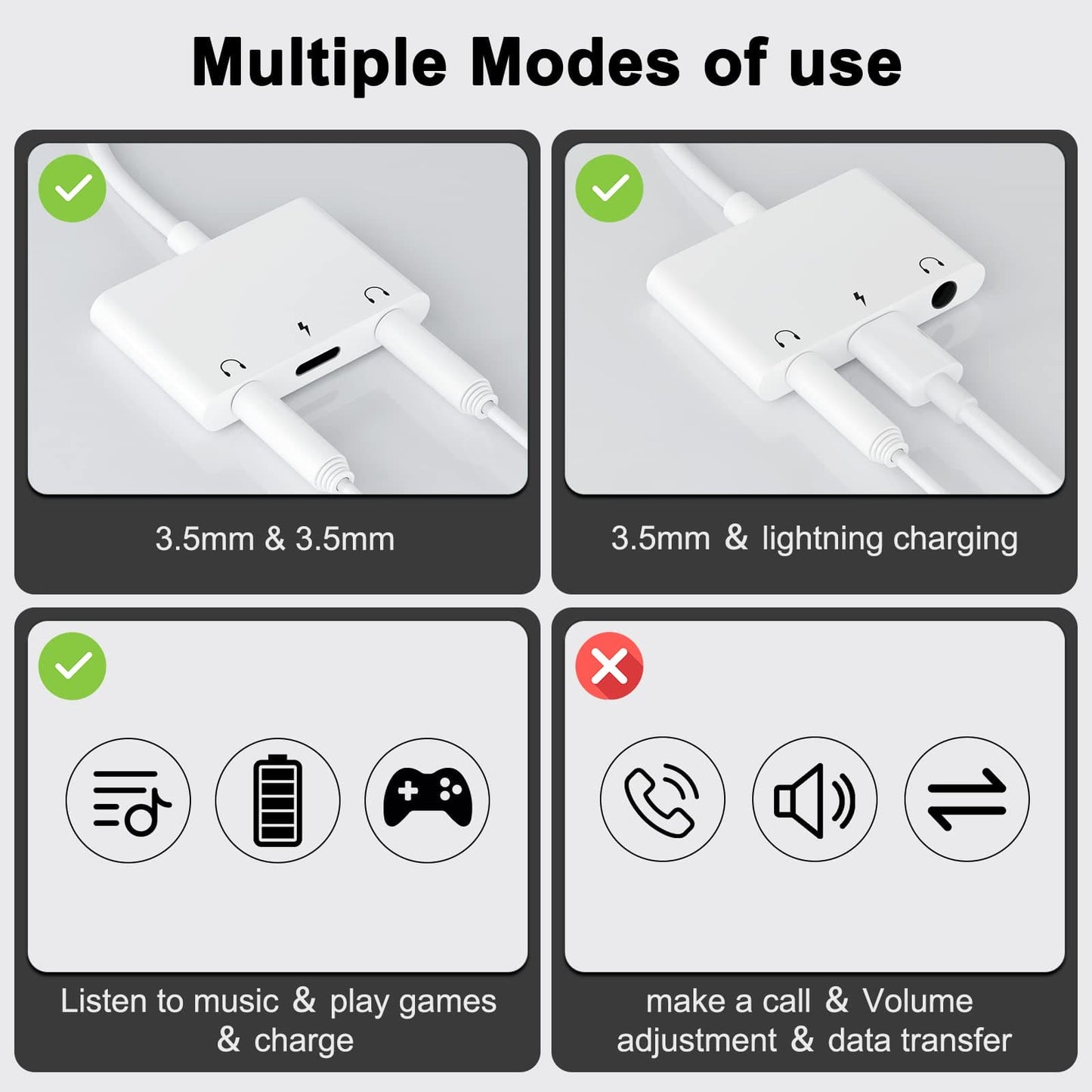 Headphone Adapter for iPhone, 3 in 1 iPhone to 3.5mm Headphone Jack Adapter, Dual Aux Audio iPhone Splitter Headphone and Charging, Earphone Adapter for iPhone 14/13/12/11/X/8/8plus/7/7plus/Pad/Pod