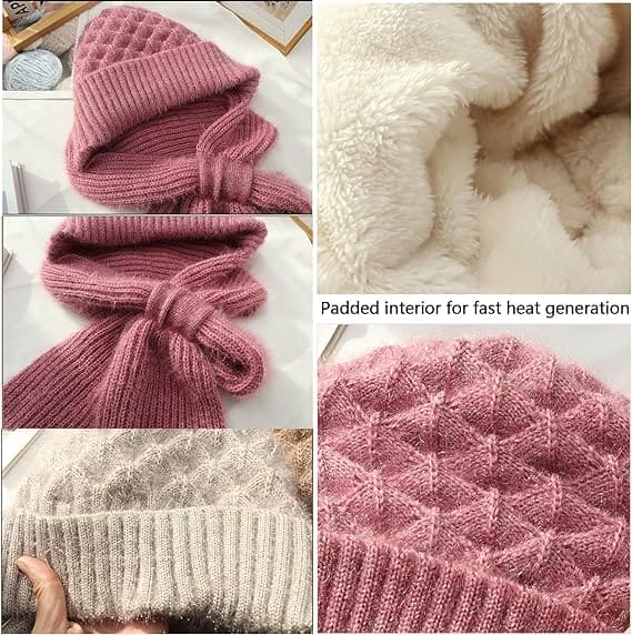 Integrated Ear Protection Windproof Cap Scarf, Hat and Scarf Combined Winter Hats for Women, Velvet Thick Winter Knitted Hat, Winter Warm Knitted Beanie Hat Scarf (Pink)