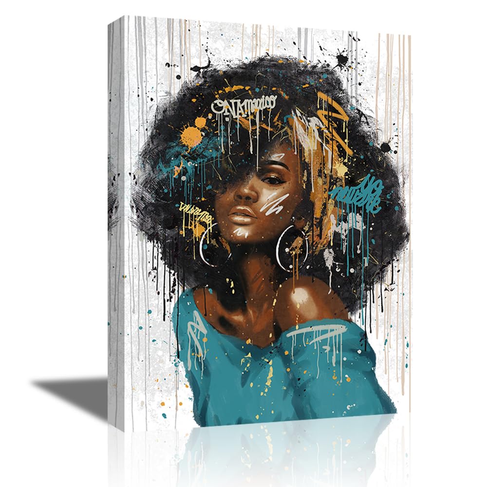 African American Wall Art Black Woman Beauty Painting Canvas Prints for Teen Girls Woman Living Room Bedroom Bathroom Framed Decoration Ready to Hang 12x16 inch