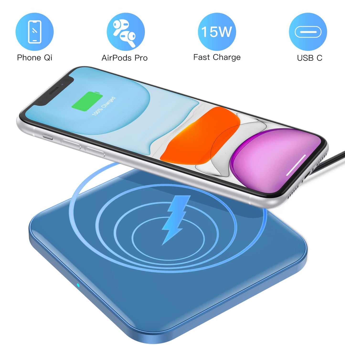 AGPTEK Wireless Charger, Qi-Certified 15W Max Fast Wireless Charging Pad Compatible with iPhone 15/14/13/12/11/11 Pro/XR/XS/8, for Samsung S24/S23/S22/S21/S20/S10, AirPods Pro, Blue (No AC Adapter)