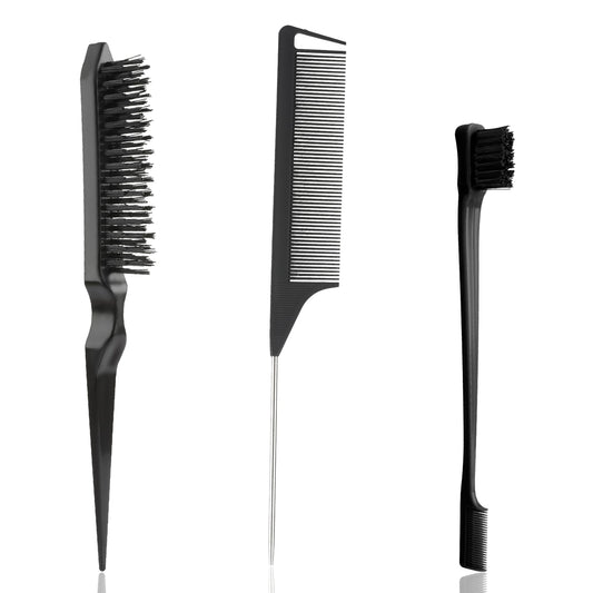 3 Pcs Comb Set Edge Brush Bristle Hair Brush Rat Tail Comb, Hair Brush, Curly Hair Brush, Styling Tools & Appliances, Hair Styling Tools, Parting Comb, Slick Back Hair Products for Women Baby Black