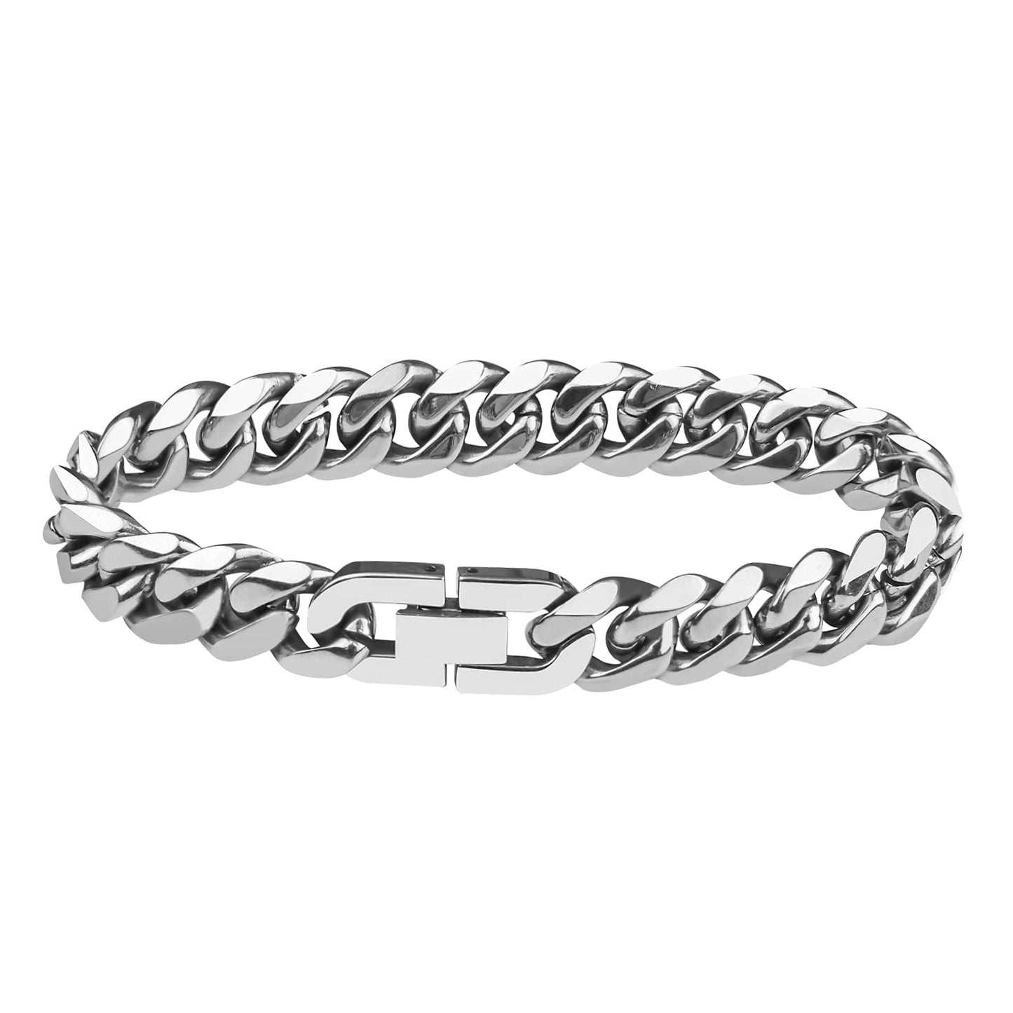 flintronic Mens Silver Bracelets，10mm Men's Strong Antique Cuban Silver Bracelet ，Fashion Retro 21cm Titanium Steel Simple Six-sided Flat Denim Bracelet