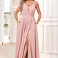 PAVERJER Dusty Rose Bridesmaid Dresses for Women Chiffon Ruched V Neck Formal Evening Dress with Slit Size 2