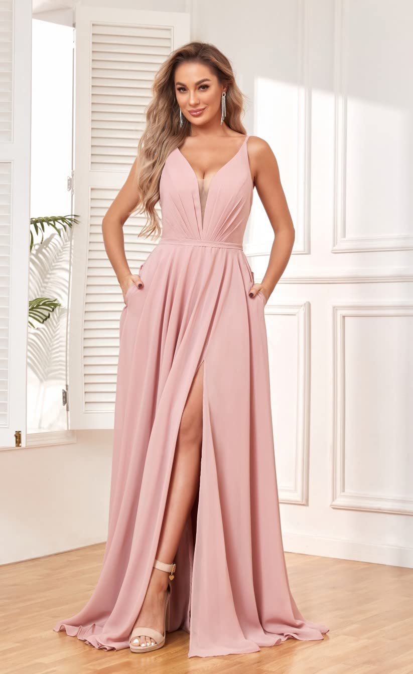 PAVERJER Dusty Rose Bridesmaid Dresses for Women Chiffon Ruched V Neck Formal Evening Dress with Slit Size 2