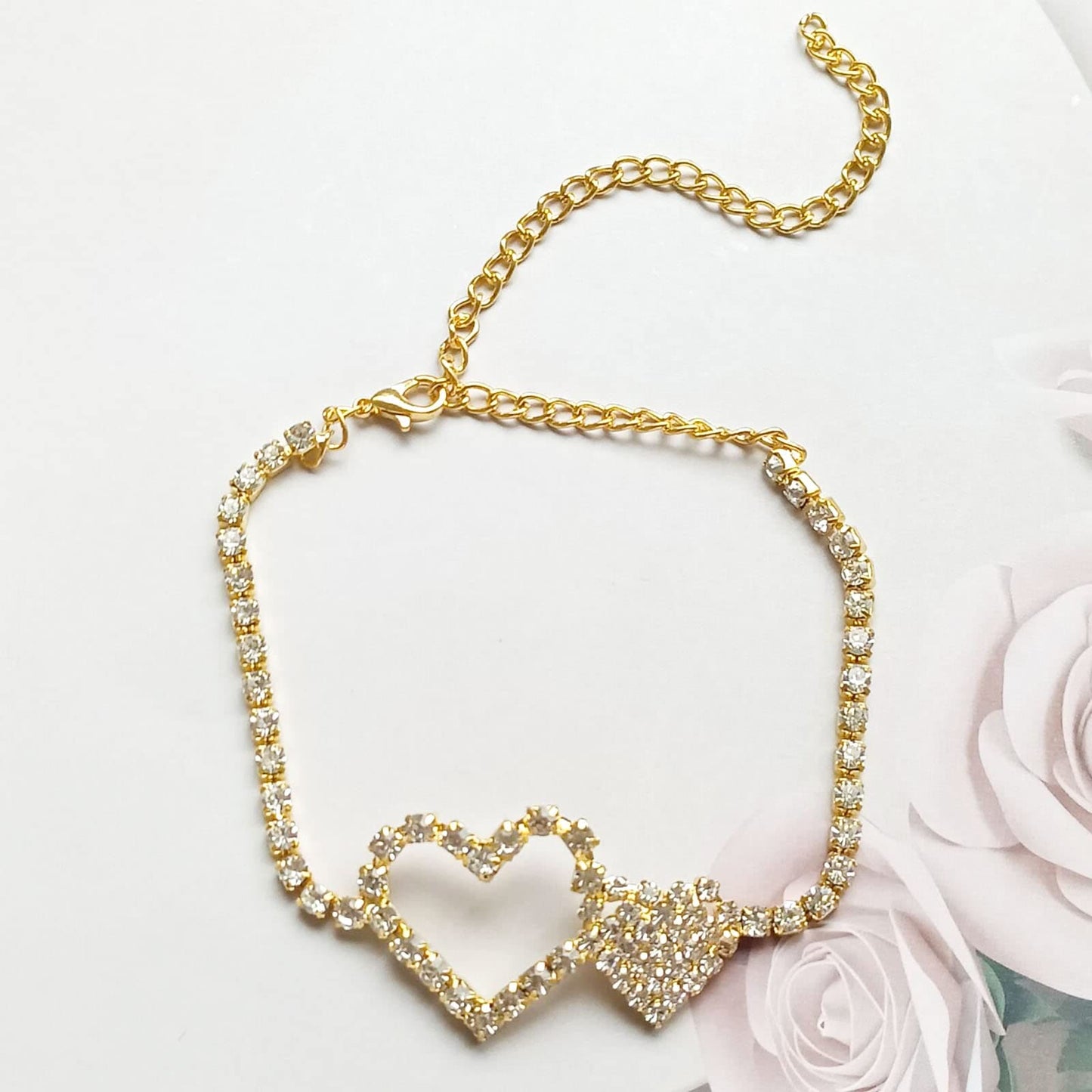 Rhinestone Heart Anklet Bracelet Crystal Lariat Heart Foot Chain Beach Adjustable Barefoot Sandal Jewelry for Women Girls Teens (Gold)