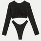 OYOANGLE Women's 2 Piece Rash Guard Bathing Suits Long Sleeve Swimsuits High Waisted Tankini Swimwear Black Medium