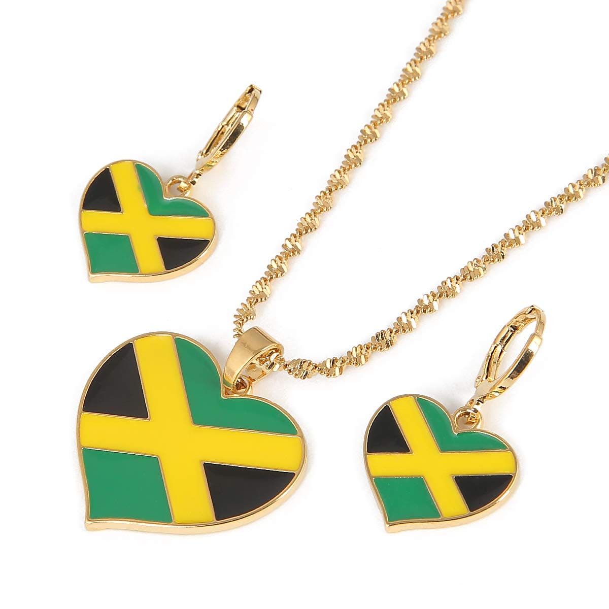 Heart Enamel Jamaica Pendant Necklaces Jewellery Gold Color Jewelry Jamaican Flag Jewelry (Pendant with Earring Set)