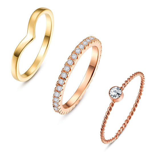 VKKKI Women's 3Pcs Rose Gold and Gold Titanium Steel Ring Set Twisted Wedding Band Inlaid with Cubic Zirconia Plain Ring Size O