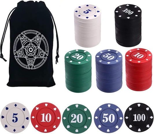 ZOWUBNK Poker Chips,Poker Set,Denomination Poker Chips Set with Black Velvet Pouch Bag,Plastic Learning Counters Disks and Learning Math Counting Chips,Game Night Party Supplies(100pcs)