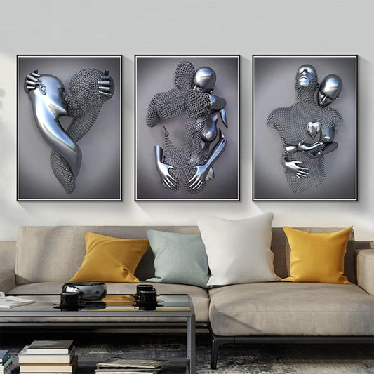 PYNVDD Romantic Hugging Couple Sculpture Poster, 3D Lovers Sculpture Poster, Metal Figure Statue, Art Canvas Painting - Without Frame (3 Pieces, 20 x 30 cm, Figure-3)