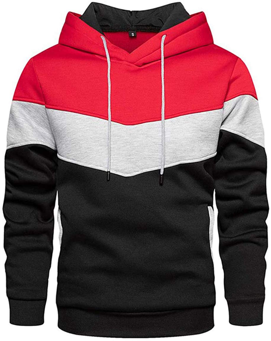 comefohome Mens Hoodie Pullover Color Block Sweatshirts Long Sleeve Hoody Drawstring Casual Tops with Pockets Red L