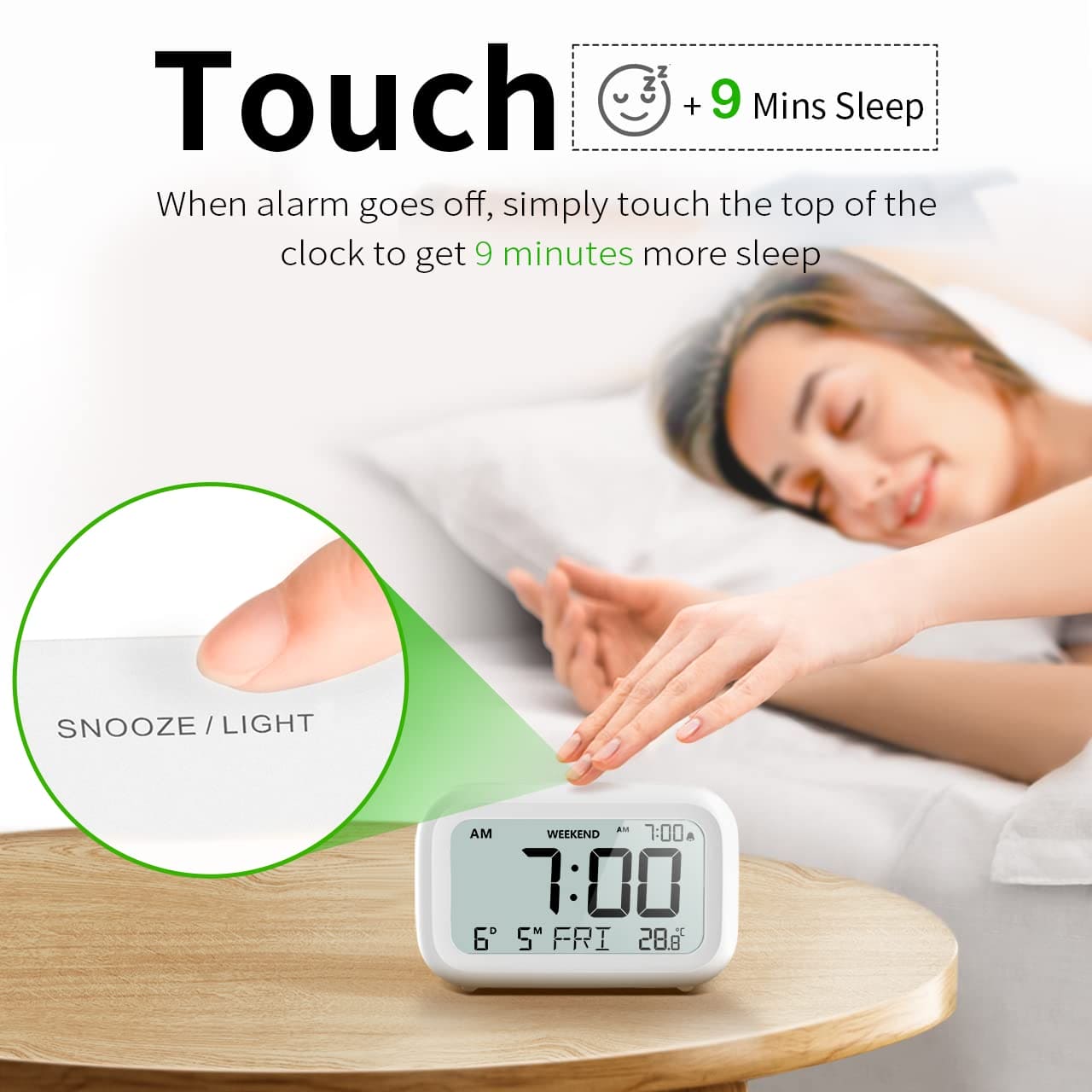 DOOMAY Digital Alarm Clock Bedside - Battery Powered Clock with LCD Display Volume Adjustable Snooze and Weekend Mode for Bedroom Office Desk Travel