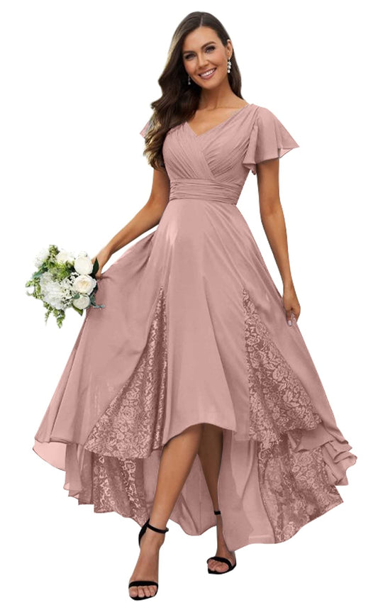 Tea Length Mother of The Bride Dresses for Women Long Chiffon Lace Appliques Dusty Rose Bridesmaid Dresses Size 2