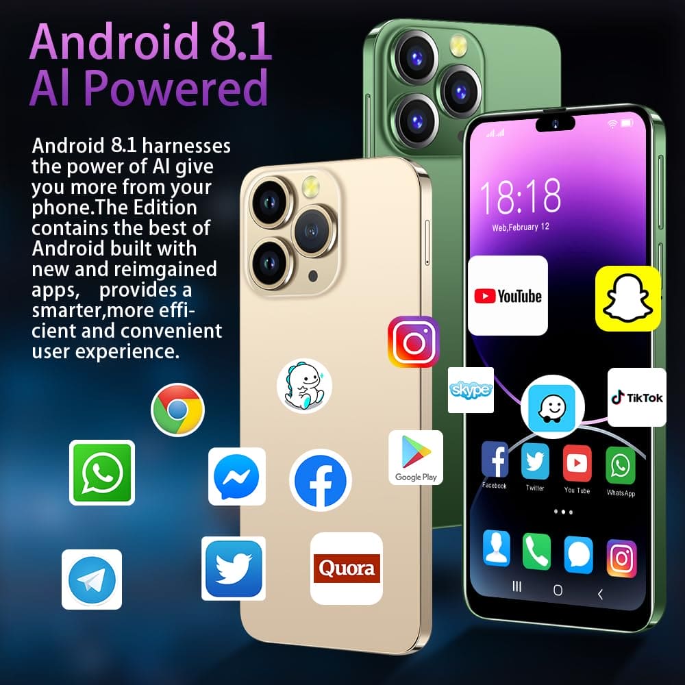 JtQtJ i14Pro Max Cheap Smartphones, Android 9.0 Mobile Phones with 6.3" HD Display, Dual SIM, Dual Cameras, 16GB ROM(Expandable to 128GB),Wifi,GPS,Bluetooth,Face ID (i14Pro Max(6.3")-Purple)