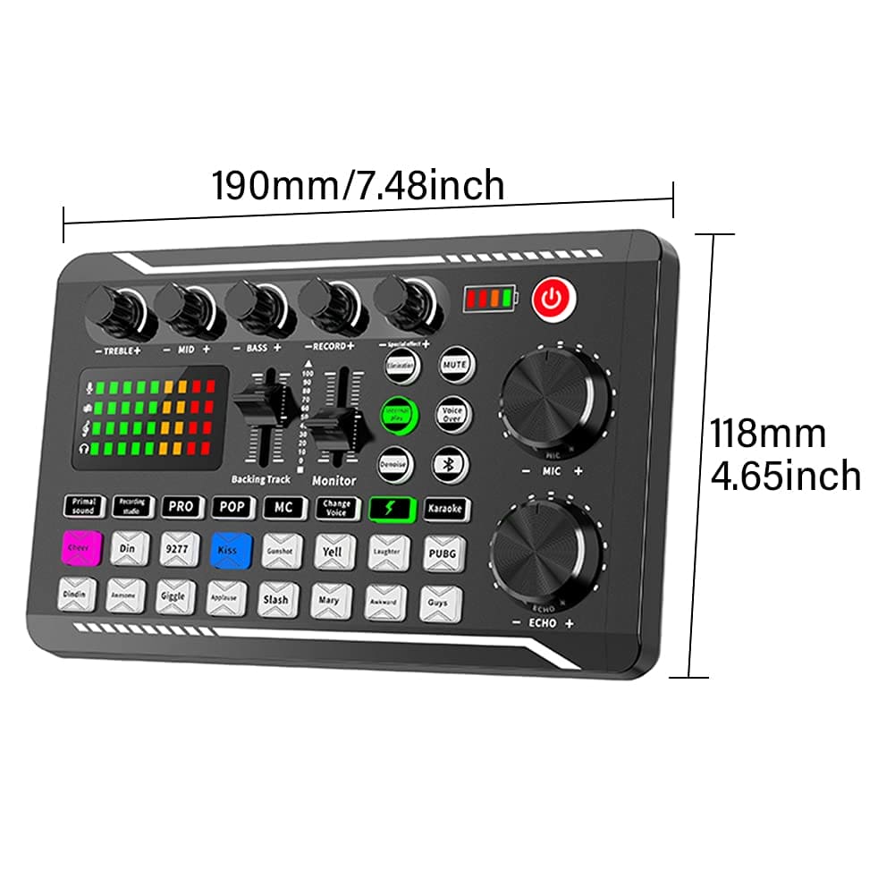 Kisbeibi Live Sound Card with LED Light Universal Bluetooth Stereo Audio Mixer Voice Changer Phone Computer Sound Card for Podcast Streaming PC Recording Studio and Gaming