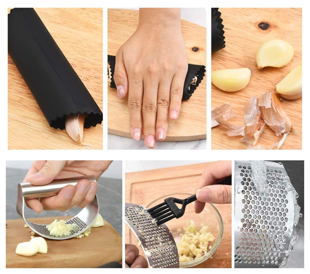 Topways® Garlic Ginger Press Rocker, Kitchen Gadget 430 Stainless Crusher Squeezer for Garlic Ginger, Silicone Garlic Peeler,Cleaning Brush