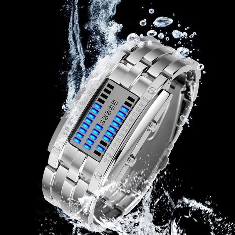 FANMIS Binary Matrix Blue LED Digital Waterproof Watch Mens Classic Creative Fashion Silver Wrist Watches (Silver Blue)