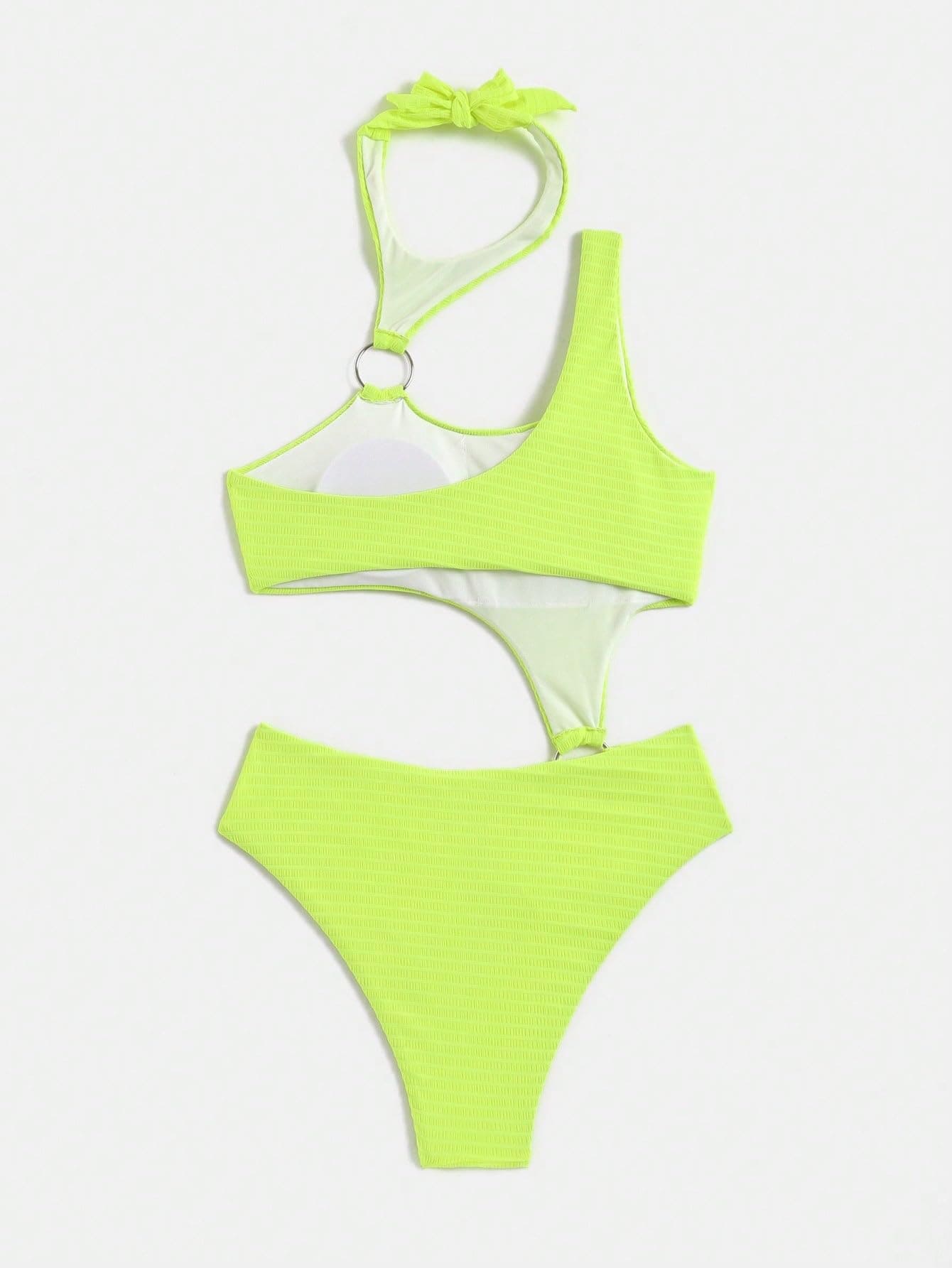 OYOANGLE Women's One Piece Swimwear Cut Out O Ring Tie Back Sleeveless Solid Halter Beachwear Swimsuit Lime Green Medium