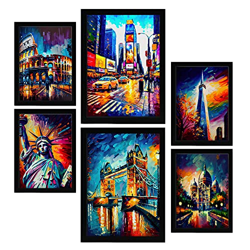 Nacnic Set of 6 Man-made Oil Painting Posters. Illustrations of monuments and cities in Full Colour Photographic Style. Interior Design and Decoration. Sizes A3 & A4 with Wooden Frames.