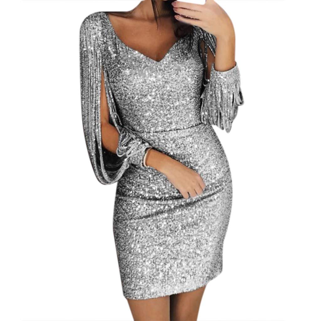 Luckywaqng Cocktail Dress Women Elegant Glitter Dresses Sexy V-Neck Evening Dresses Sequins Tassel Long Sleeve Party Dress Short Slim Fit Ball Dresses Fashion Plain Wrap Dress Winter Dress Mini Dress,