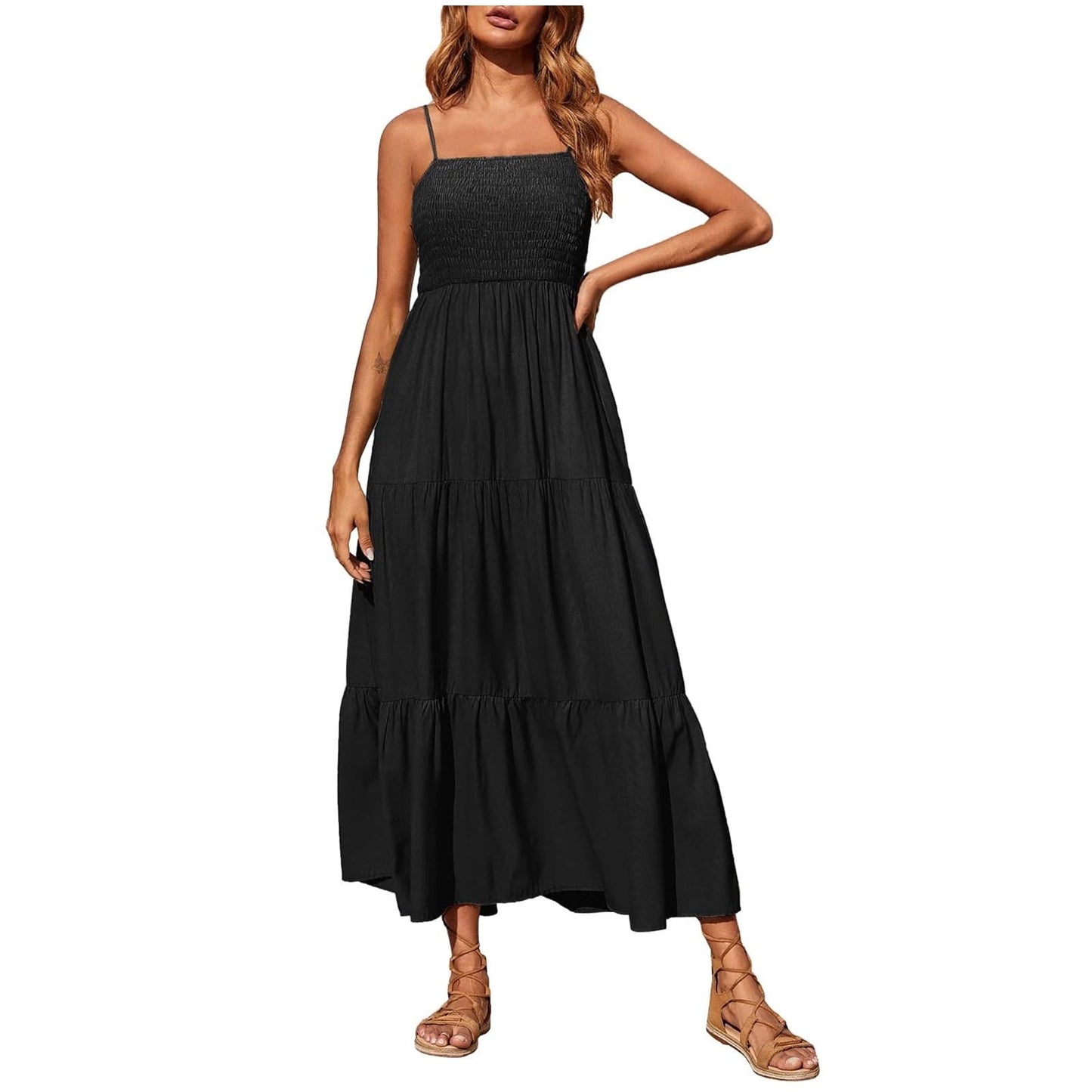 Summer Dresses for Women UK Clearance Bohemian Spaghetti Strap Smocked Tiered Long Beach Sun Dresses Sleeveless Solid Maxi Dress Ladies Maxi Dresses Plus Size Petite Sexy Dress UK Size