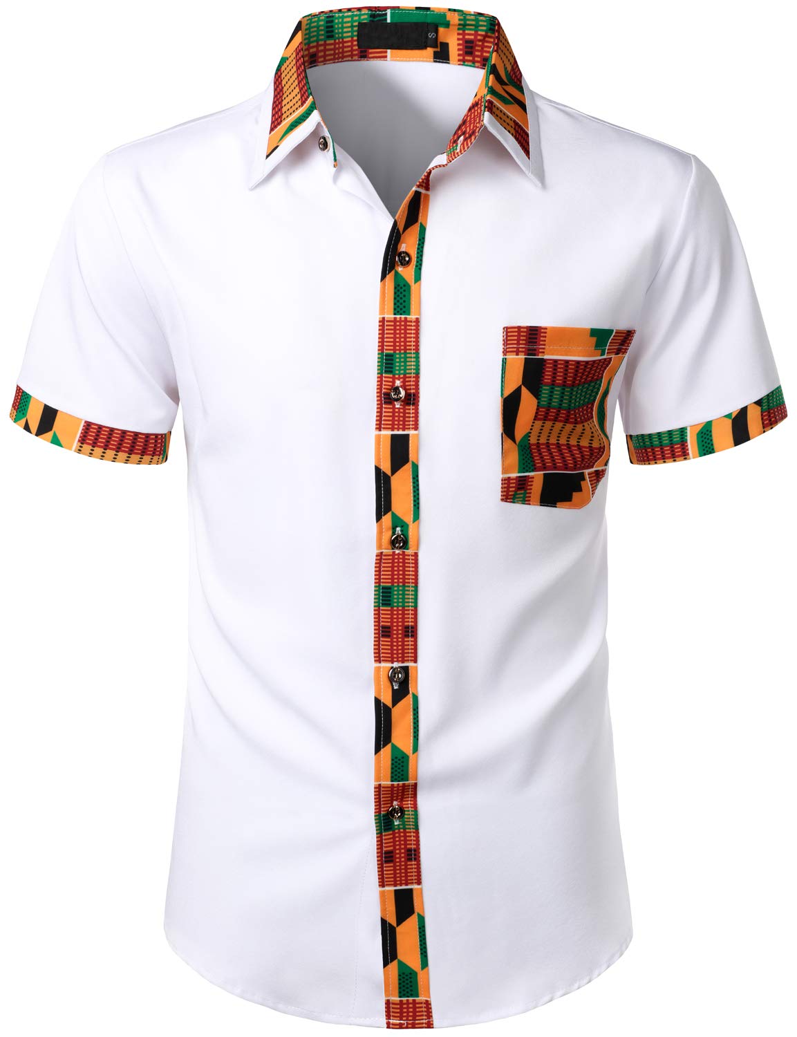 LucMatton Men's African Printed Patchwork Design Short Sleeve Button up Shirt Traditional Dashiki White X-Large