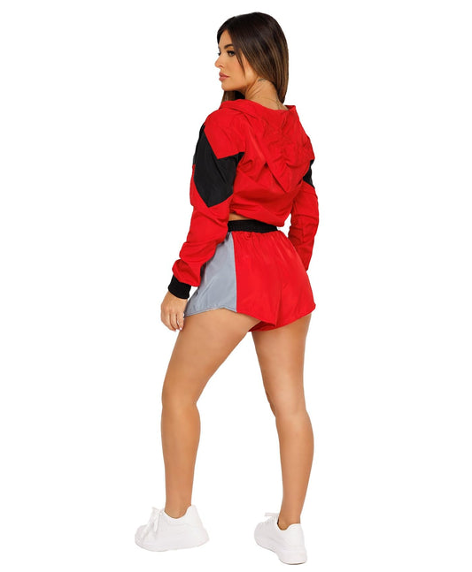 Women Ladies Festival Rave Outfit Colour Block Tie Front Cropped Jacket And Mini Drawstring Pocket Shorts Co Ord 2 Pc Set Red Size M/10