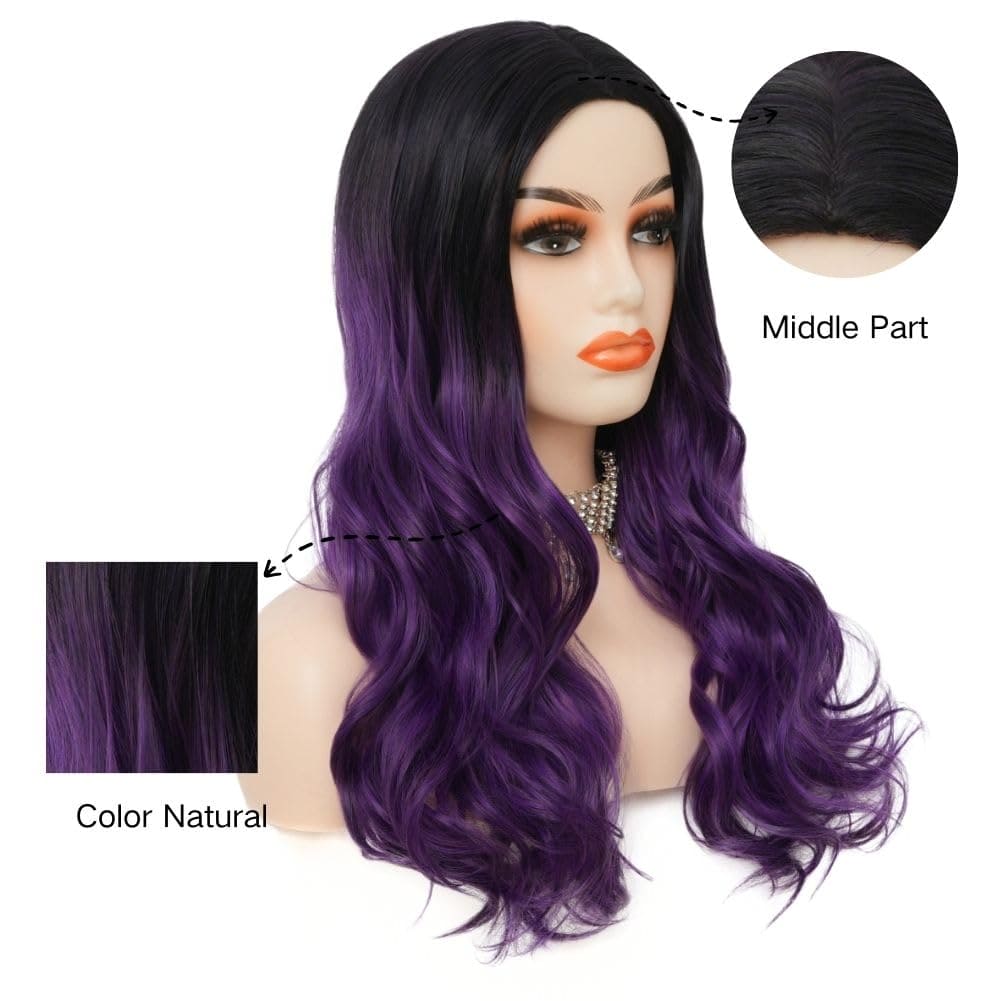 Siudus Purple Ombre Womens Long Wavy Wigs Synthetic Natural Curly Black and Purple Wig for Halloween Daily Use (Purple)