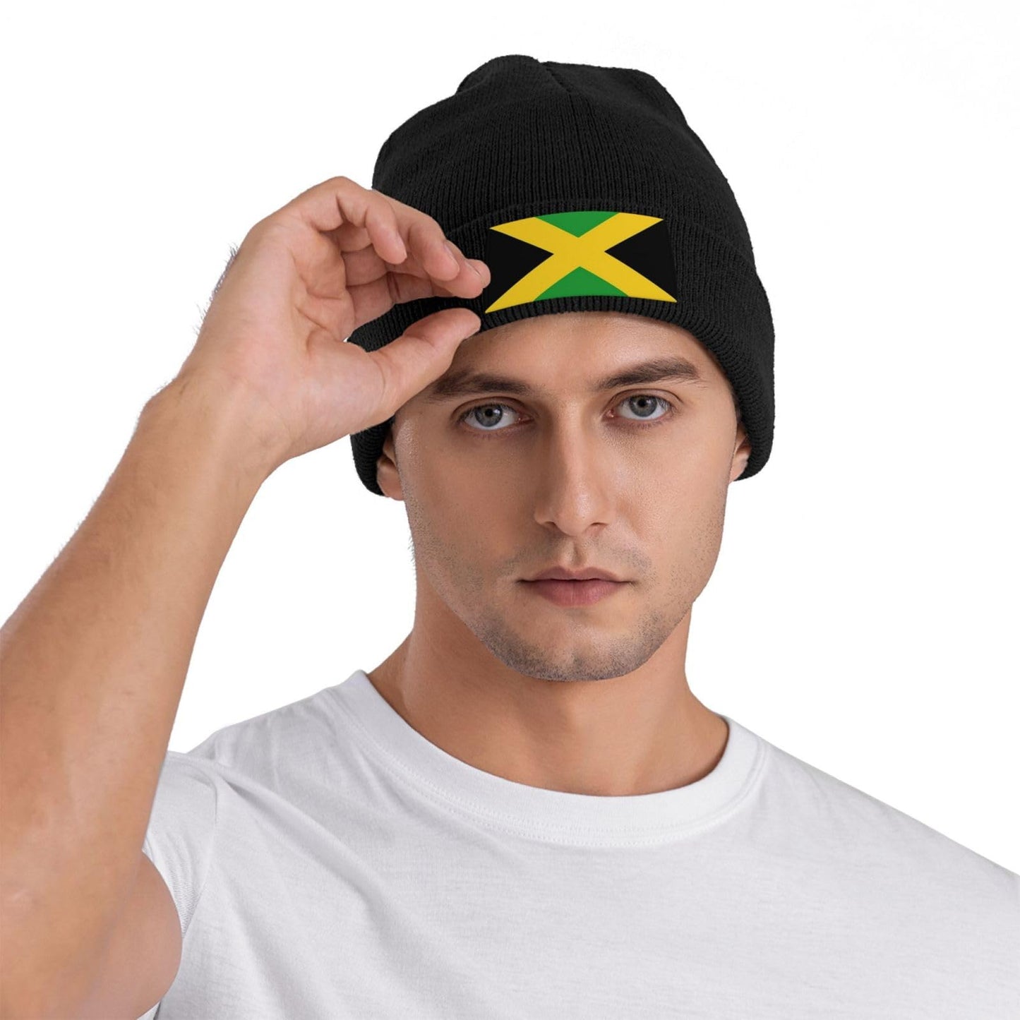 Cute Jamaica Flag Knit Hat Soft Classic Stretchy Ski Beanie Cap Winter Jamaican Warm Hats for Women Men Black