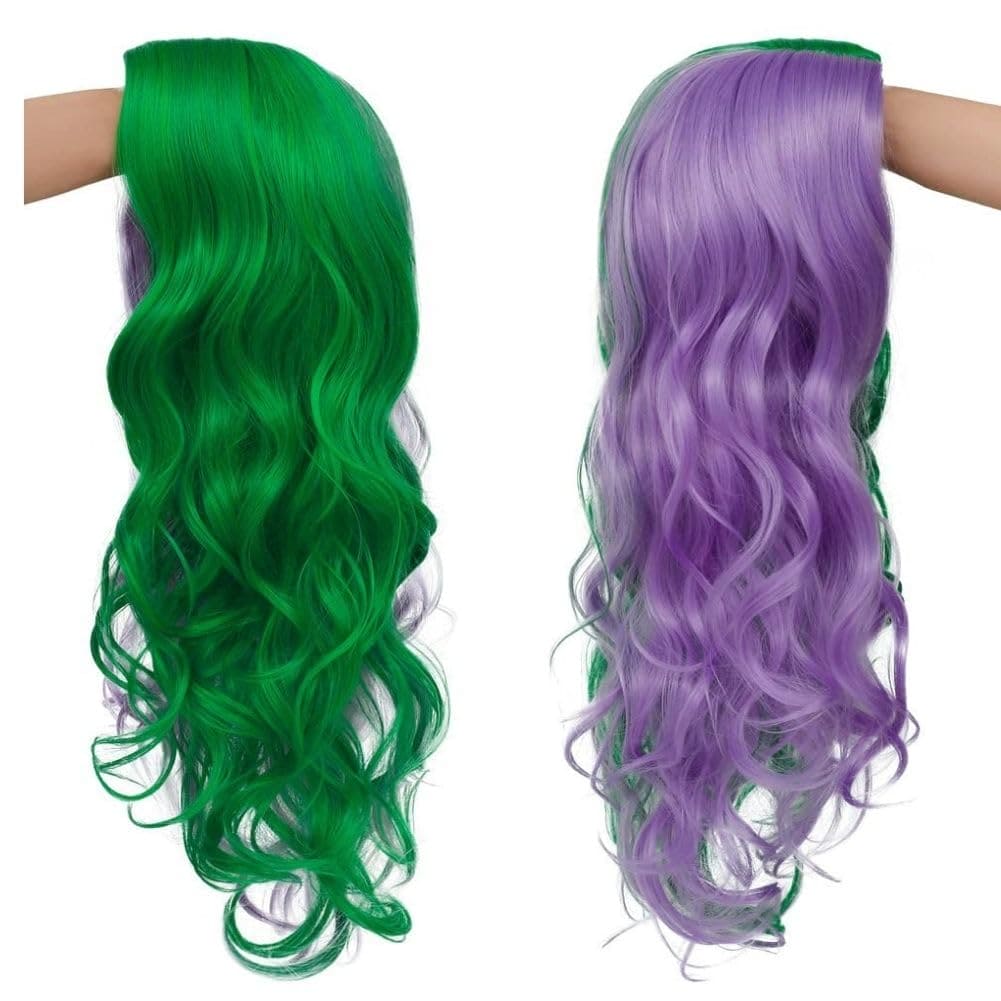 Siudus Womens Half Purple Half Green Curly Wig Long Middle Part Split Wigs Heat Resistant Fiber Hair Wig for Cosplay Halloween Use(Purple Green)