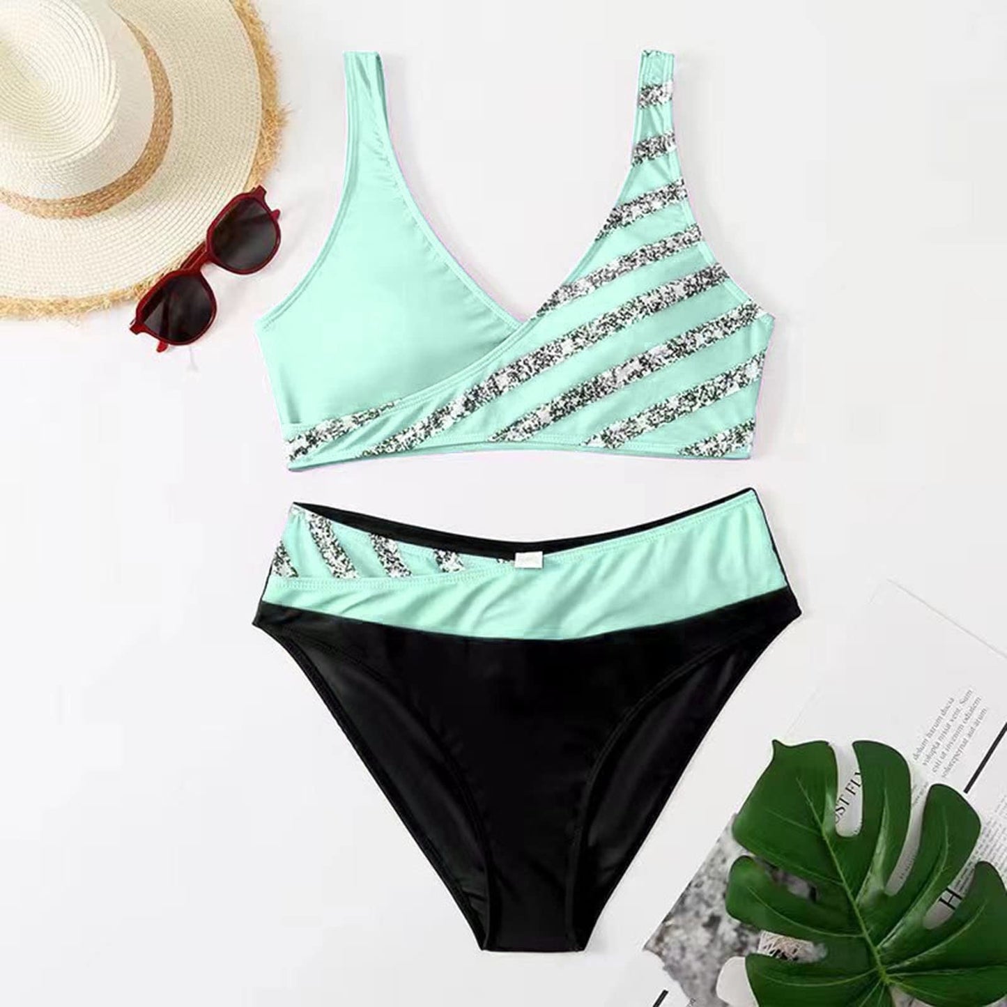 Bikini Sets for Older Women UK Two Piece Swimsuits High Waisted Top Swimwear Tankini Bottoms Tummy Control Printed Plus Size Bathing Suits Beachwear Womens Bikinis A02 Green M